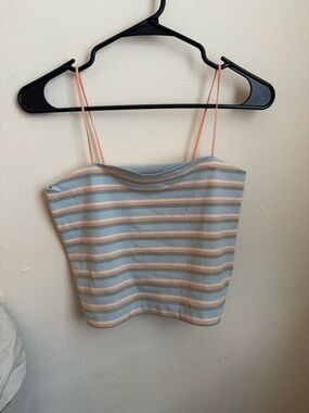 American Eagle Outfitters Pastel Striped Ribbed Crop Cami - Blue & Peach